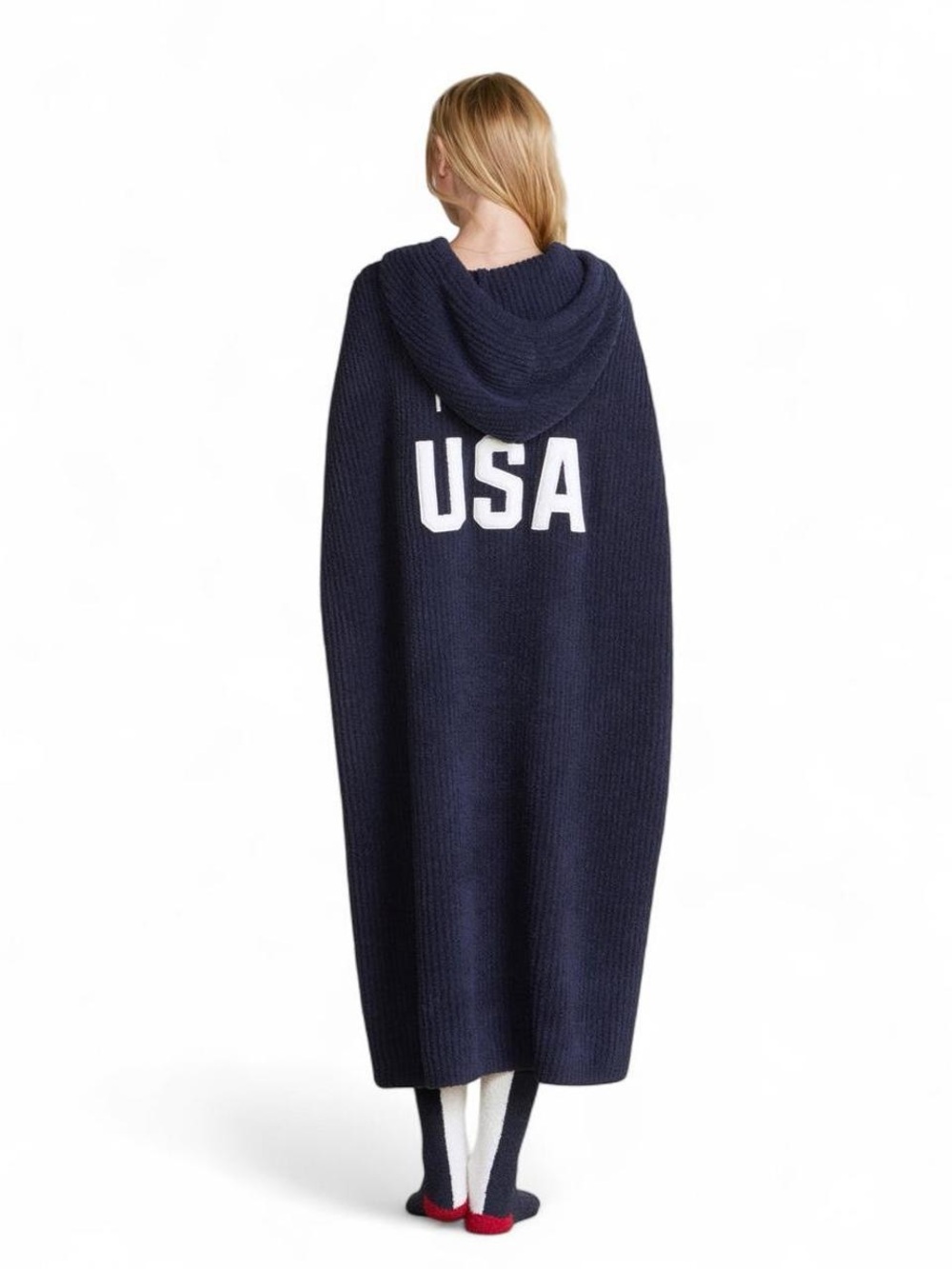 Barefoot Dreams Team USA Navy Ribbed Hooded Cozy Knit Poncho One Size